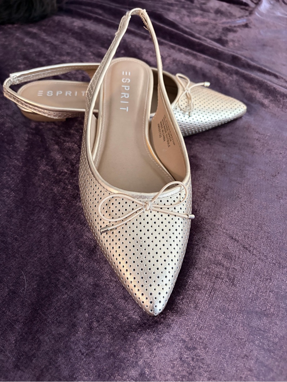 Esprit Metallic Gold Perforated Pointed-Toe Slingback Flats